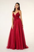 V-Neck Floral Embroidery Embellished Bodice Glitter Mesh Long Dress-0