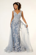 V-Neck Floral Embroidery Embellished Mesh A-Line Dress w/ Sheer Back - Mask Not Included-1