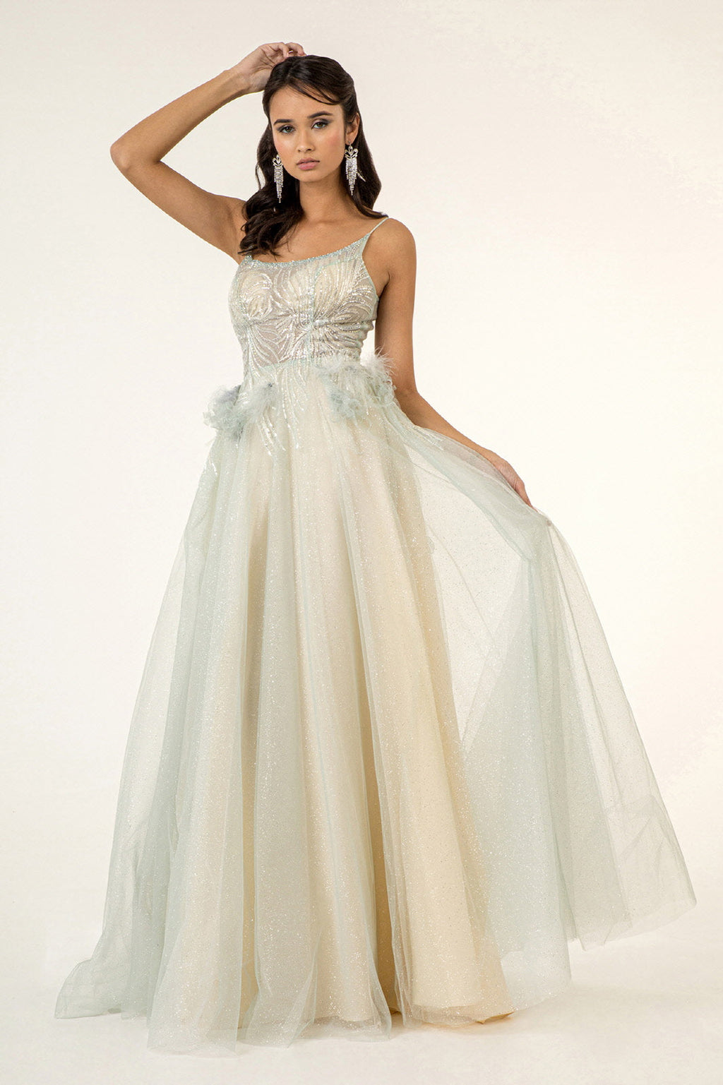Sequin Embellished Glitter Mesh Dress w/ Feather Accented Waistline - Mask Not Included-2
