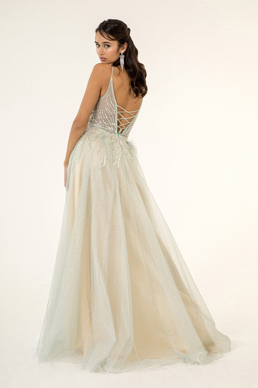 Sequin Embellished Glitter Mesh Dress w/ Feather Accented Waistline - Mask Not Included-3