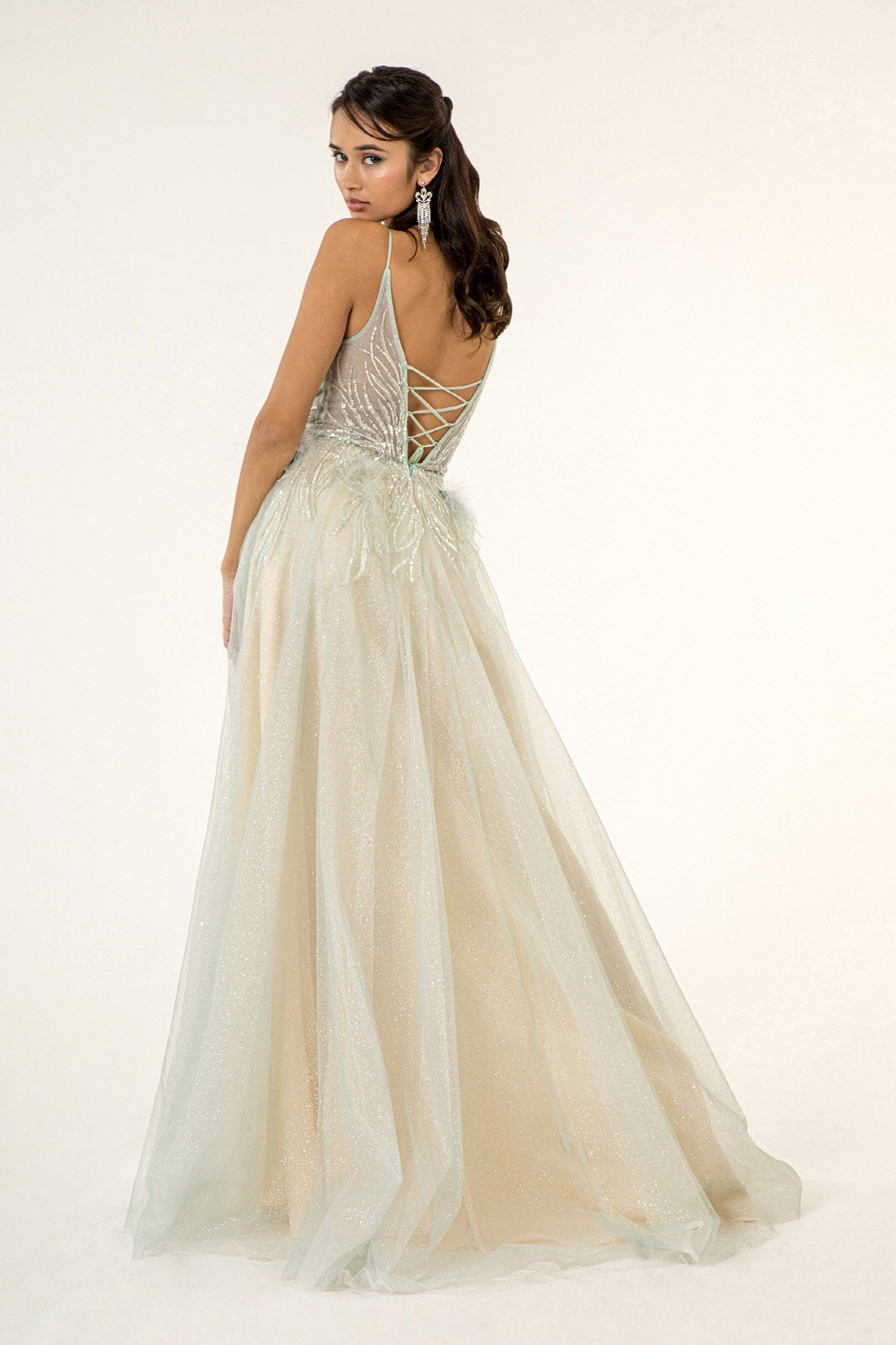 Sequin Embellished Glitter Mesh Dress w/ Feather Accented Waistline - Mask Not Included-3