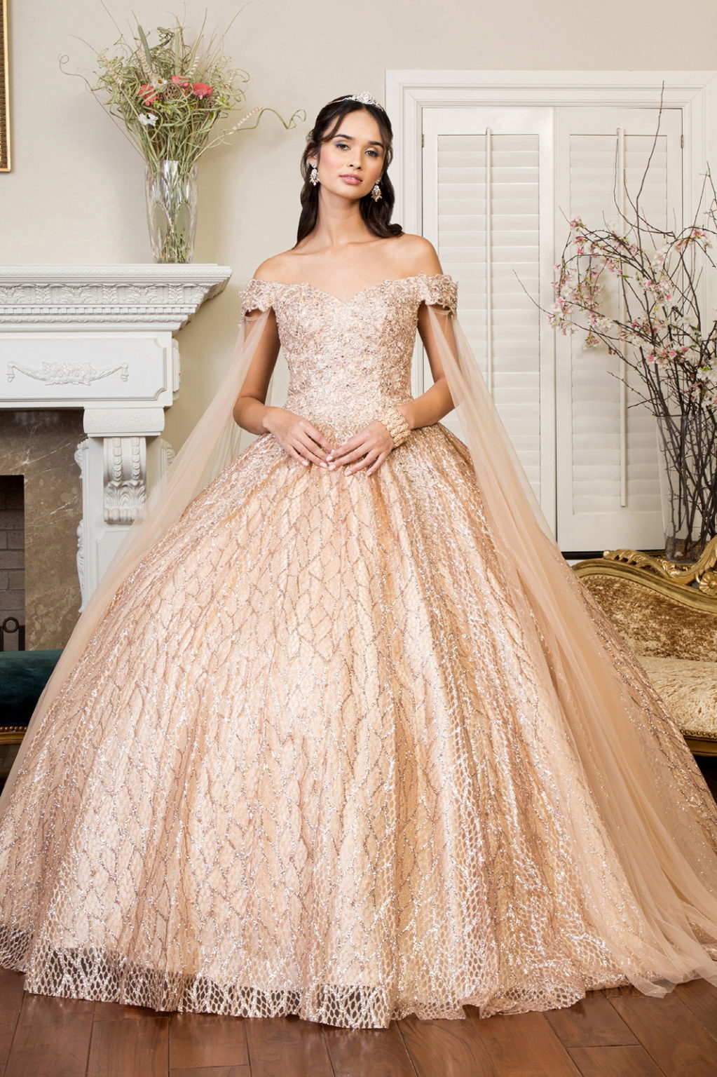 Cut-Away Shoulder Sweethearted Glitter Mesh Quinceanera Dress-1
