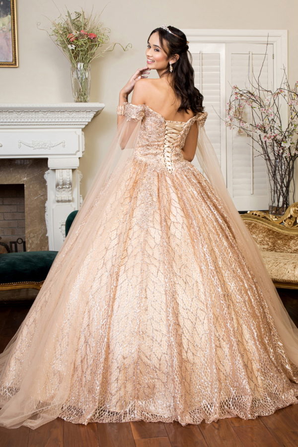 Cut-Away Shoulder Sweethearted Glitter Mesh Quinceanera Dress-2