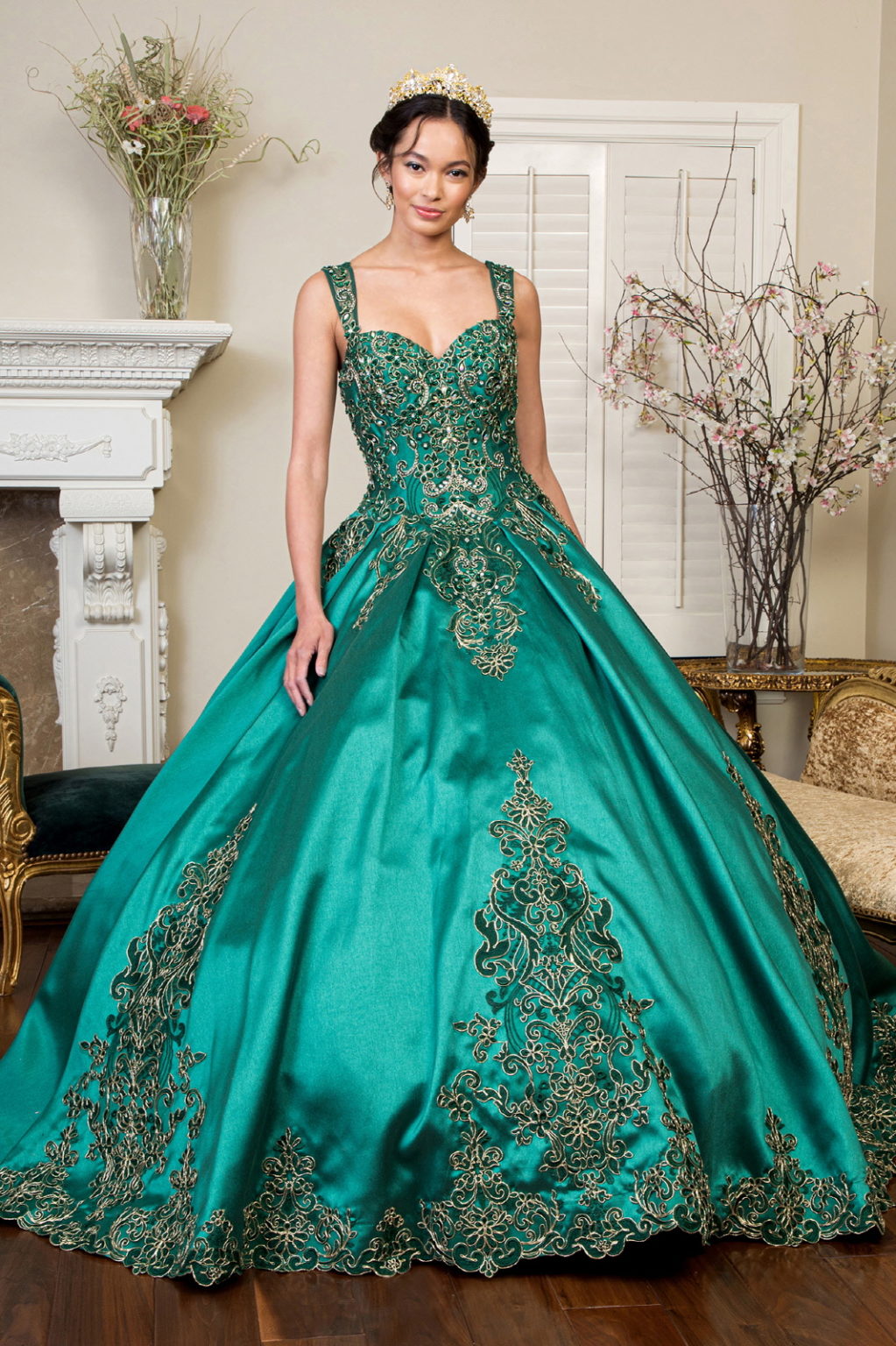 Embroidered Mesh Strap Satin Quinceanera Dress w/ Mesh Tail - Mask Not Included-1