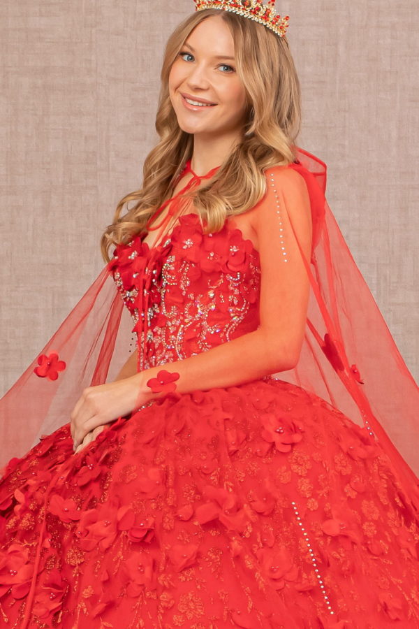 Sweetheart Neckline Beads and Jewel Embellished Bodice Quinceanera Dress w/ Mesh Cape-3