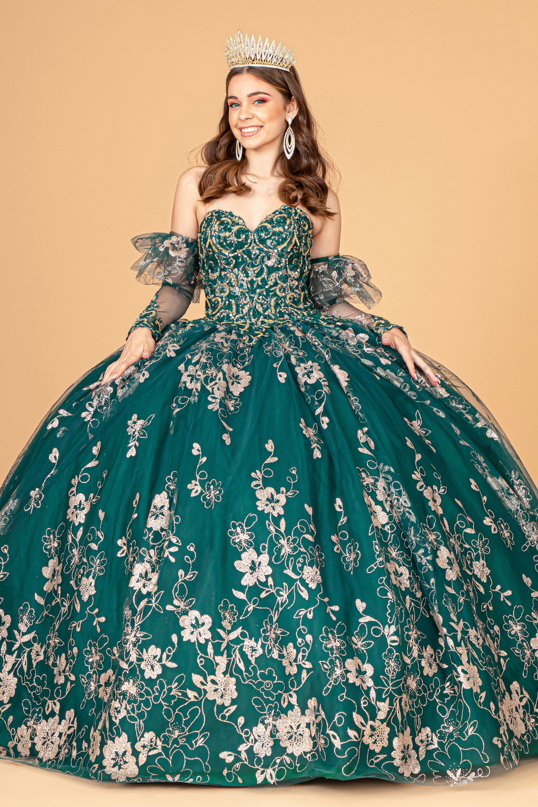 Embroidered Glitter Mesh Quinceanera Dress w/ Detached Long Sleeve-1