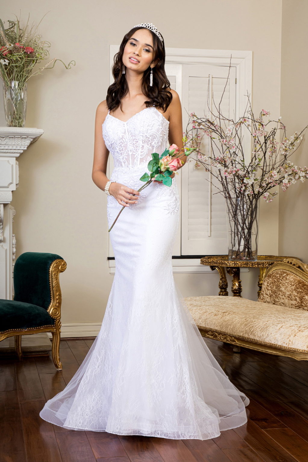 Embroidered Sheer Bodice Mermaid Wedding Gown w/ Lace Up Back-1