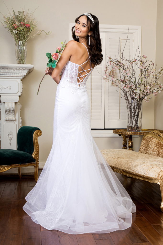 Embroidered Sheer Bodice Mermaid Wedding Gown w/ Lace Up Back-2