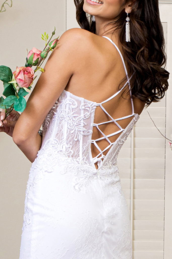 Embroidered Sheer Bodice Mermaid Wedding Gown w/ Lace Up Back-4