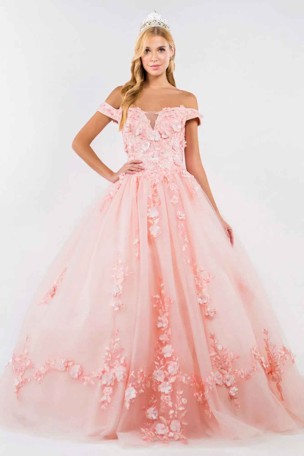 Embroidery Embellished Glitter-Mesh Cut-Away Shoulder Quinceanera Dress-0