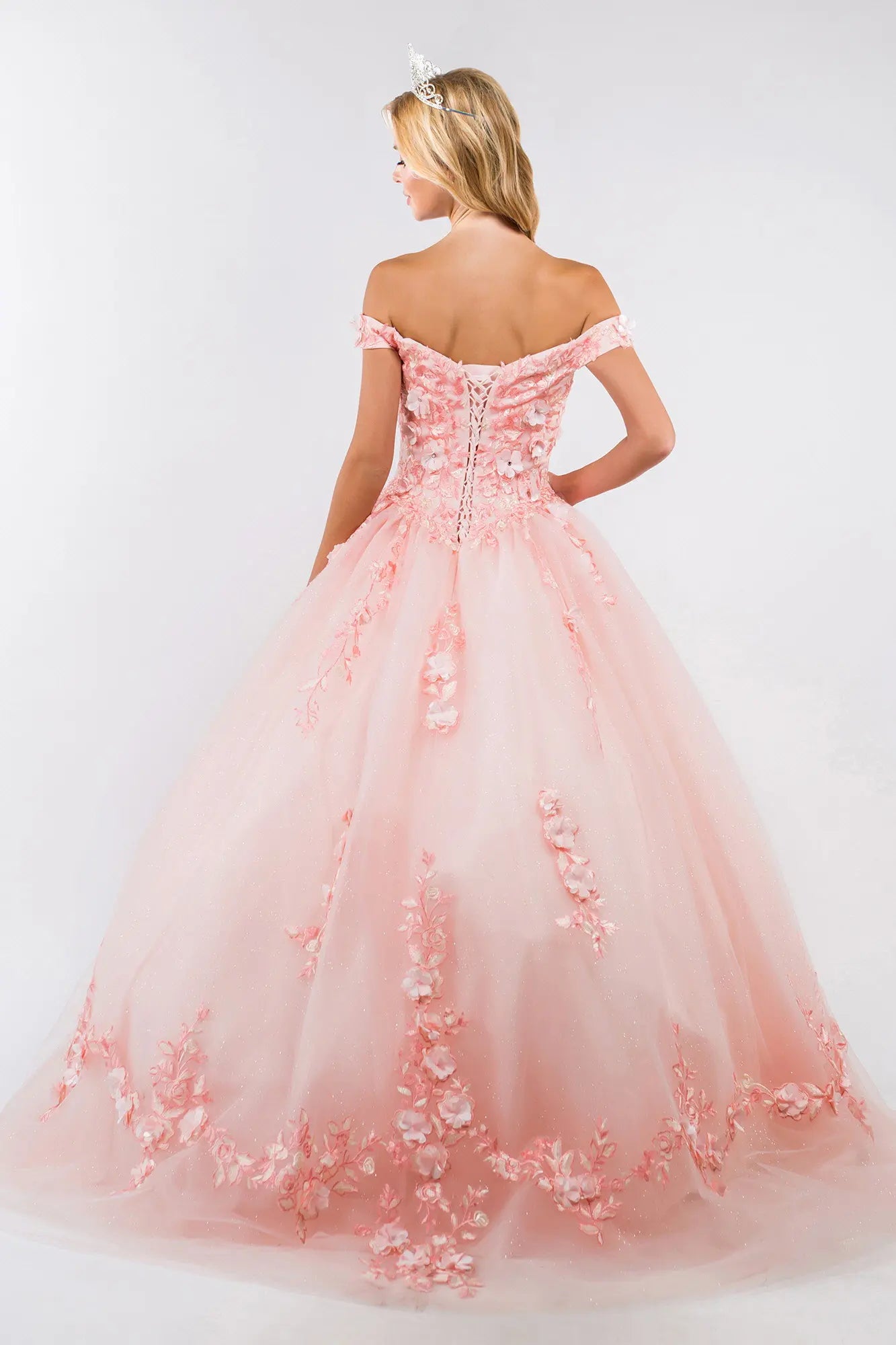 Embroidery Embellished Glitter-Mesh Cut-Away Shoulder Quinceanera Dress-1