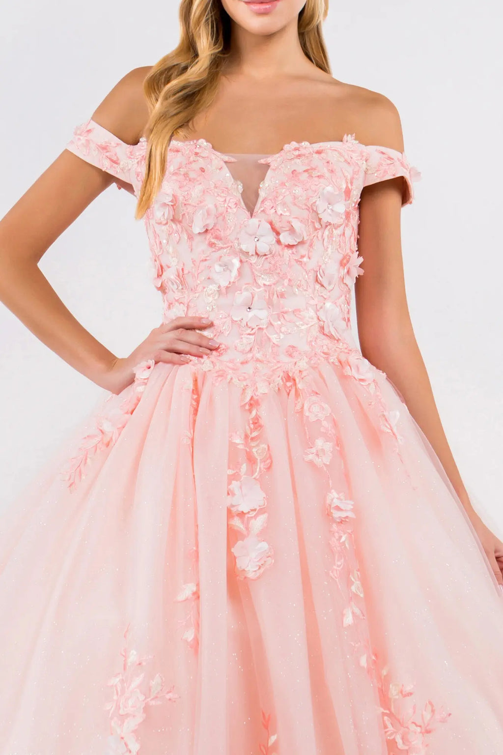 Embroidery Embellished Glitter-Mesh Cut-Away Shoulder Quinceanera Dress-2