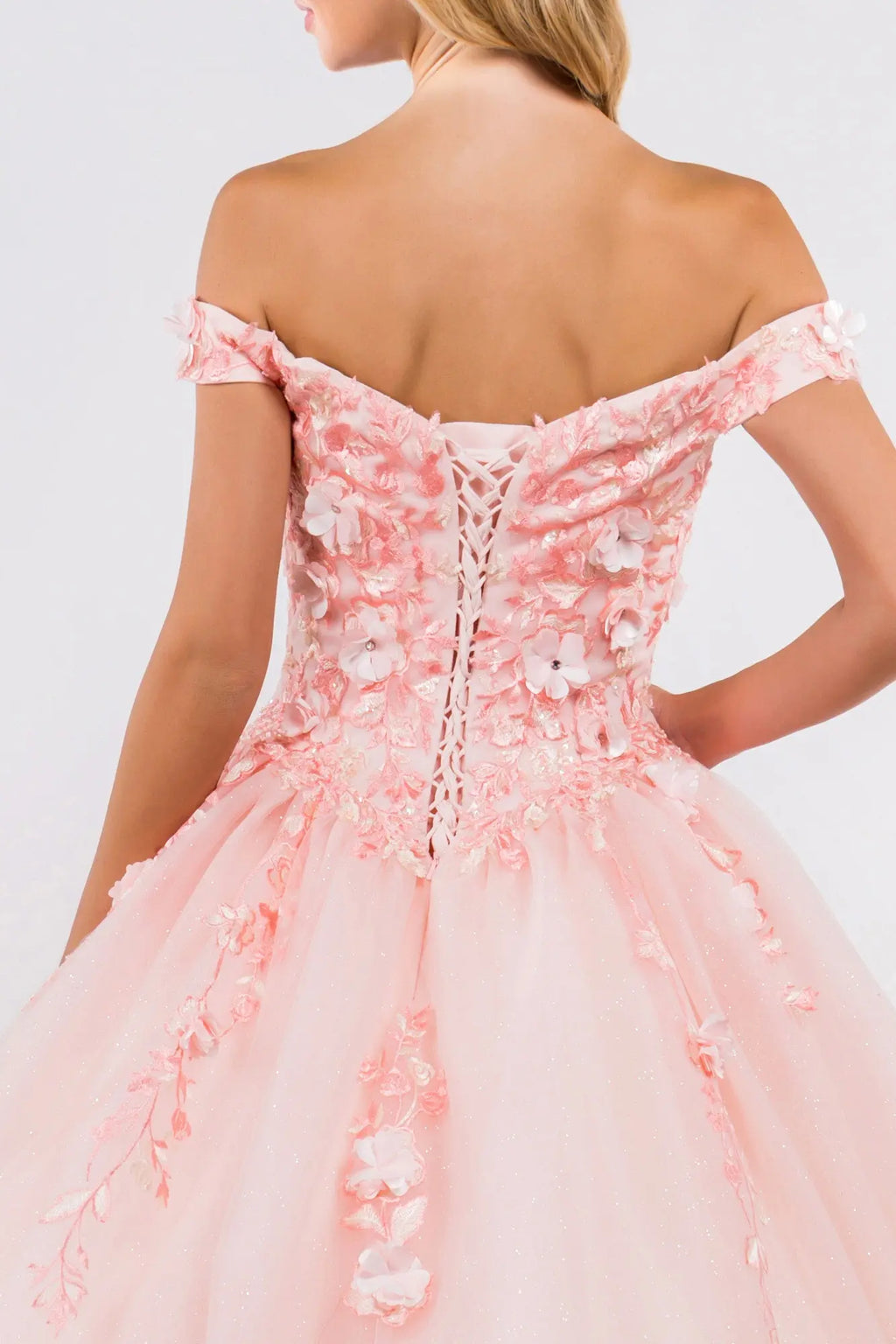 Embroidery Embellished Glitter-Mesh Cut-Away Shoulder Quinceanera Dress-3