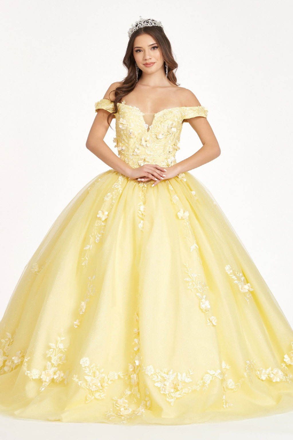 Embroidery Embellished Glitter-Mesh Cut-Away Shoulder Quinceanera Dress-4