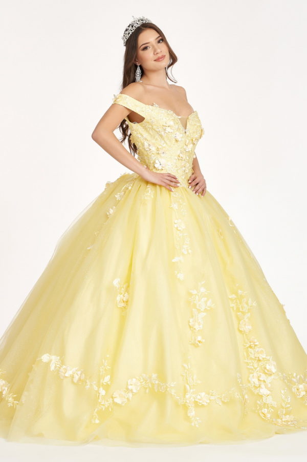 Embroidery Embellished Glitter-Mesh Cut-Away Shoulder Quinceanera Dress-2