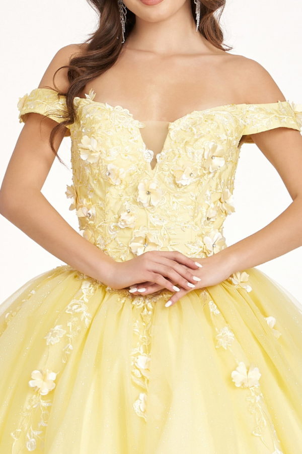Embroidery Embellished Glitter-Mesh Cut-Away Shoulder Quinceanera Dress-4