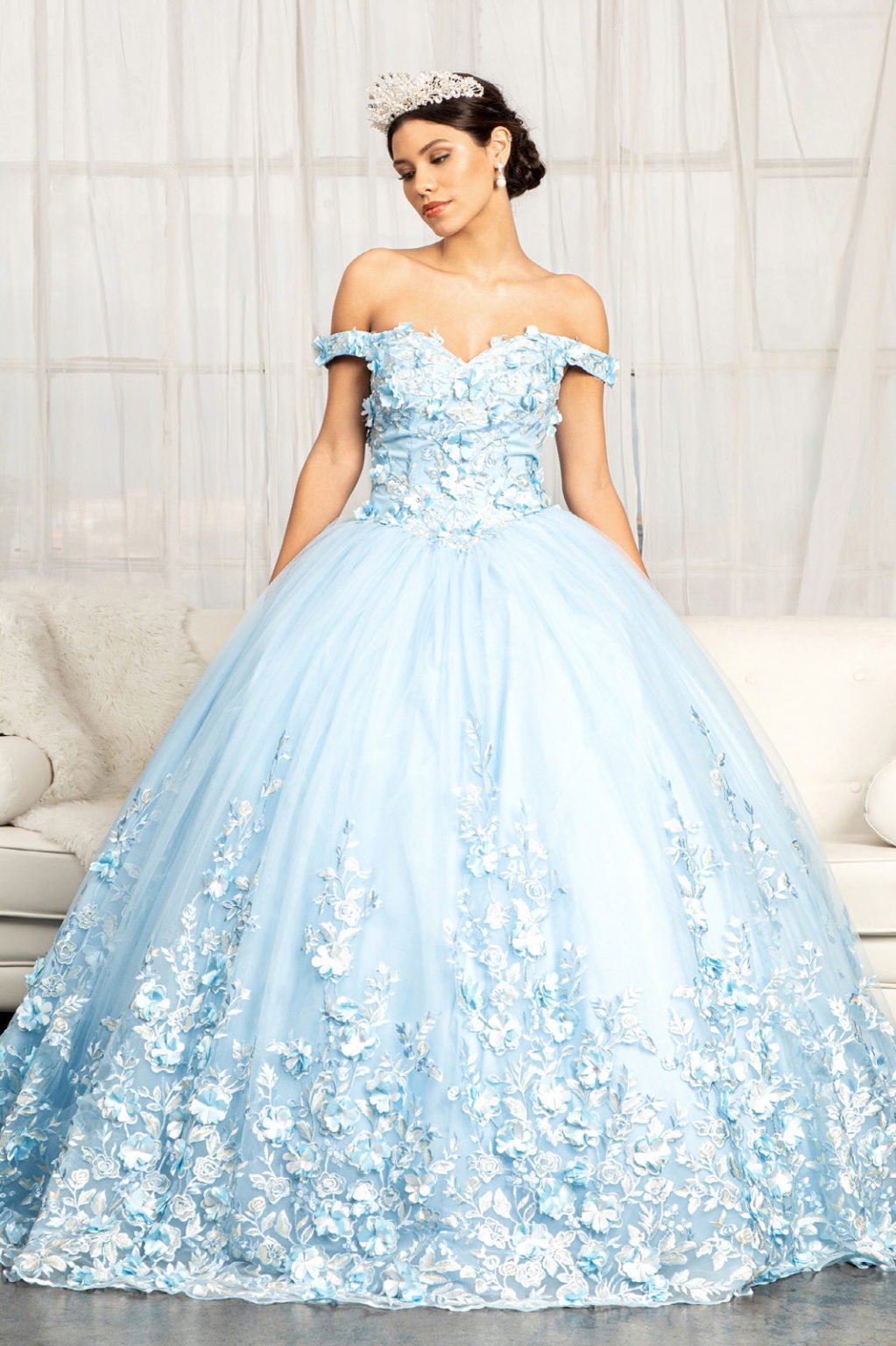 Cut-Away Shoulder 3D Floral Applique Embellished Quinceanera Dress-1