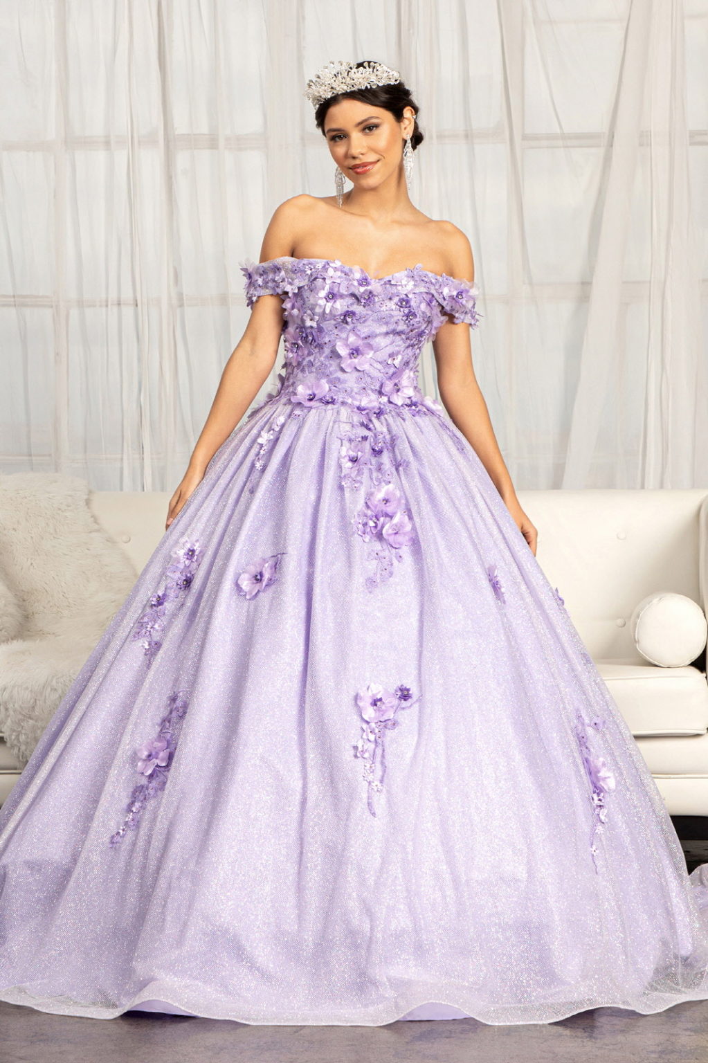 3D Floral Applique and Jewel Embellished Glitter Mesh Quinceanera Dress-1