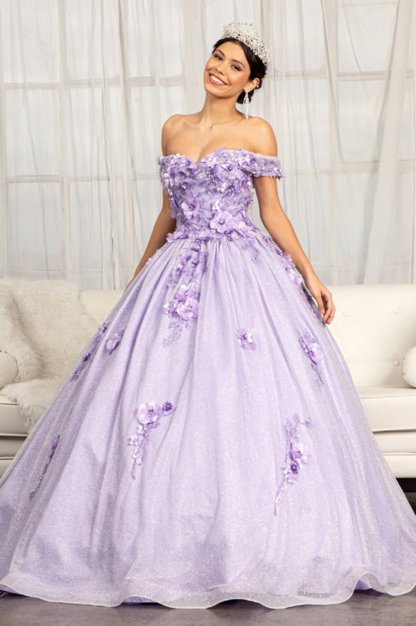 3D Floral Applique and Jewel Embellished Glitter Mesh Quinceanera Dress-3