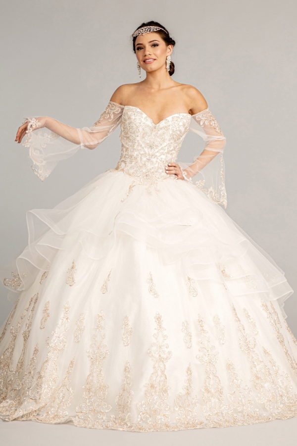 Sweetheart Cut-Away Shoulder Quinceanera Dress w/ Mesh Long Sleeves-2