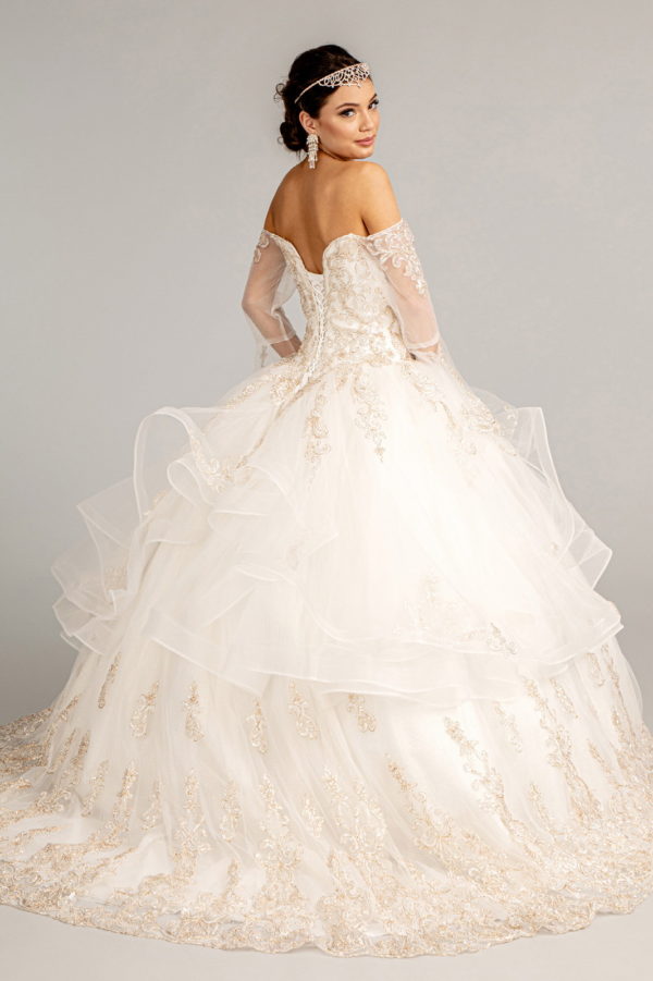 Sweetheart Cut-Away Shoulder Quinceanera Dress w/ Mesh Long Sleeves-3