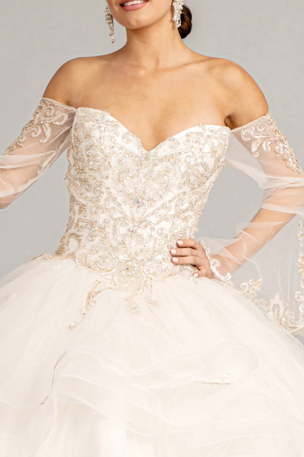 Sweetheart Cut-Away Shoulder Quinceanera Dress w/ Mesh Long Sleeves-4