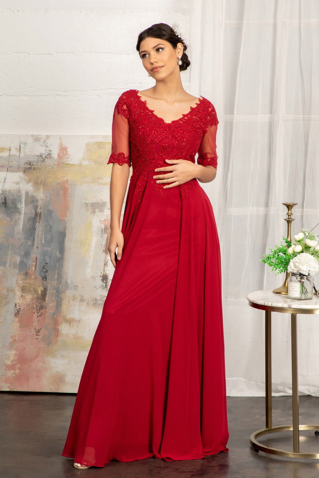 Rhinestone and Embroidery Embellished Chiffon Long Dress-1