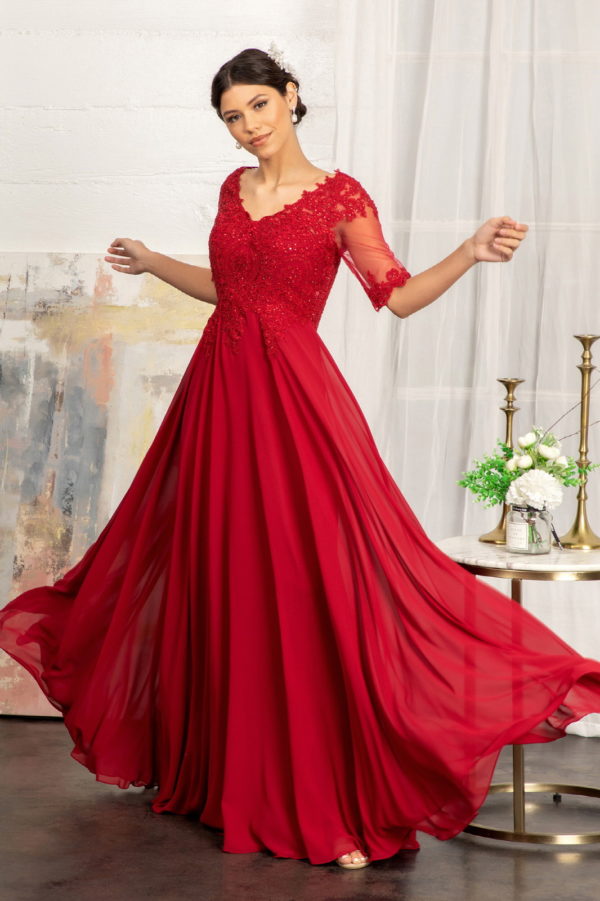 Rhinestone and Embroidery Embellished Chiffon Long Dress-3
