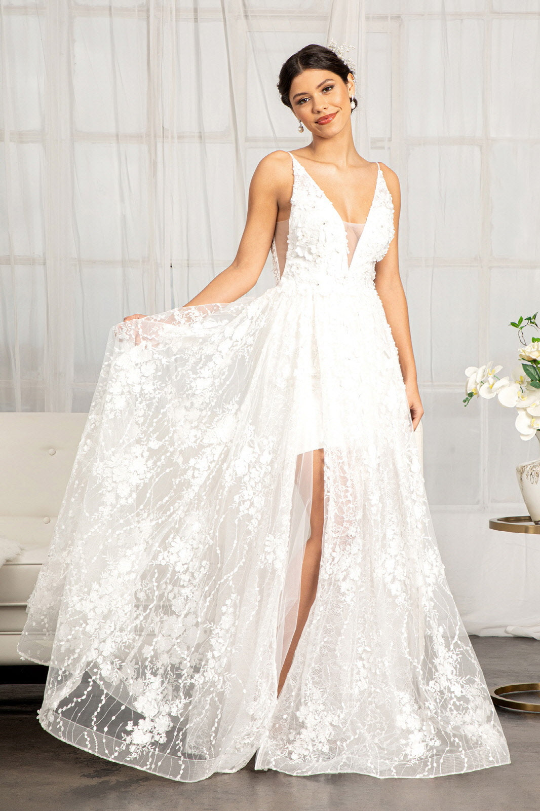 Floral 3D Applique Embellished Mesh V-Neck Wedding Dress-1
