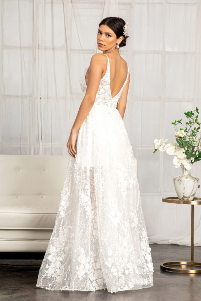 Floral 3D Applique Embellished Mesh V-Neck Wedding Dress-2