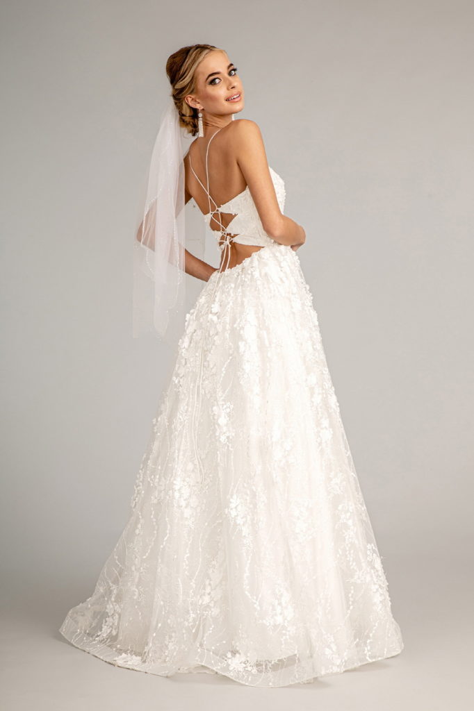 Floral Embroidered Lace-Up Mesh Wedding Gown w/ Sweetheart Neckline-2