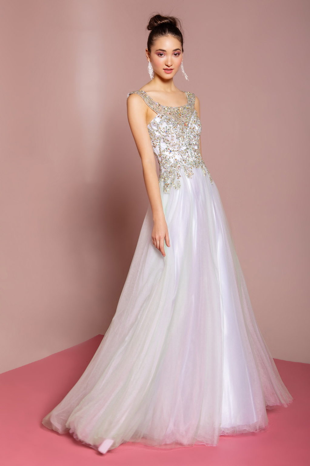 Sleeveless Tulle Long Dress with Bead Embellished Bodice and Neckline-1