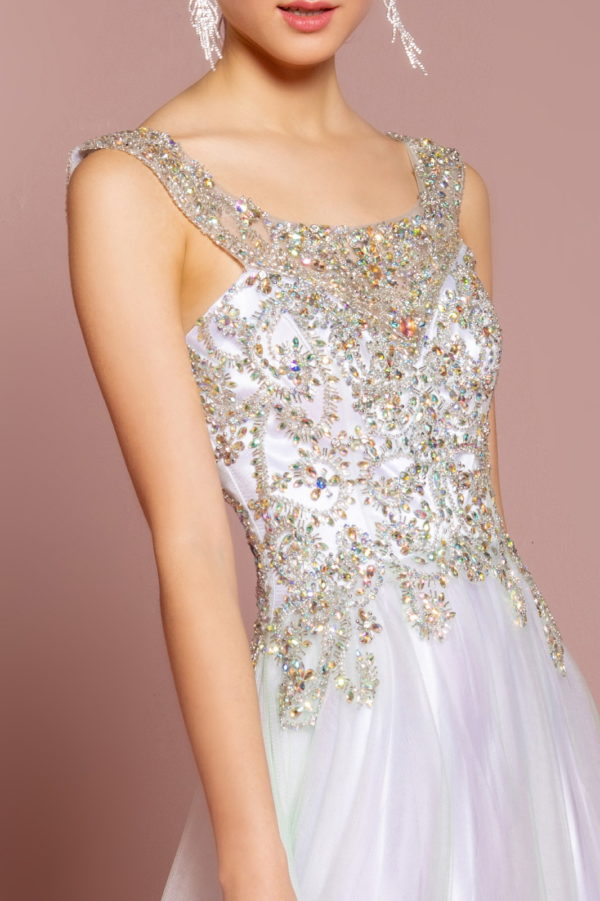 Sleeveless Tulle Long Dress with Bead Embellished Bodice and Neckline-3