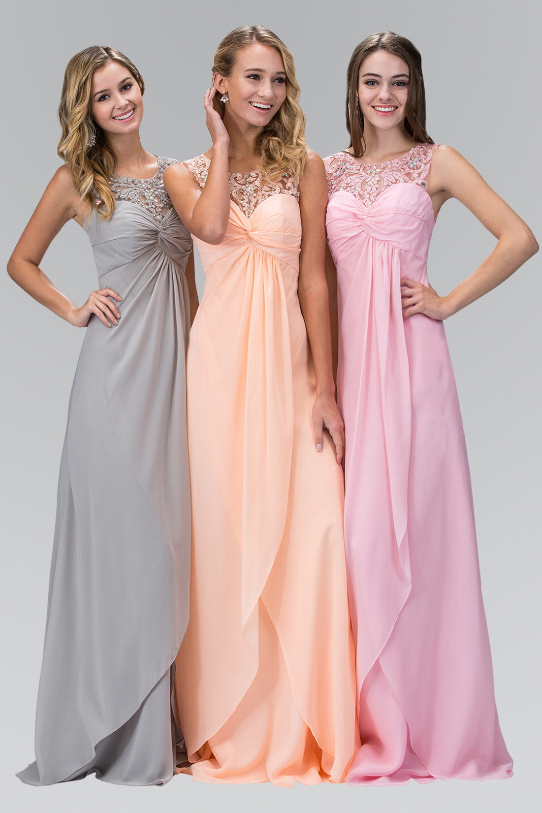Empire Line Chiffon Long Dress with Beaded Illusion Neckline-5