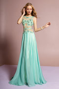 Bead and Lace Embellished Chiffon Long Dress with Sheer Bodice-0