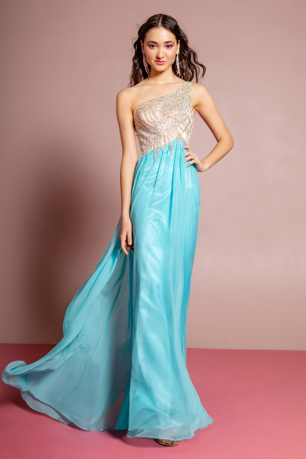 One Shoulder Jewel Embellished Bodice Chiffon Floor Length Dress-3