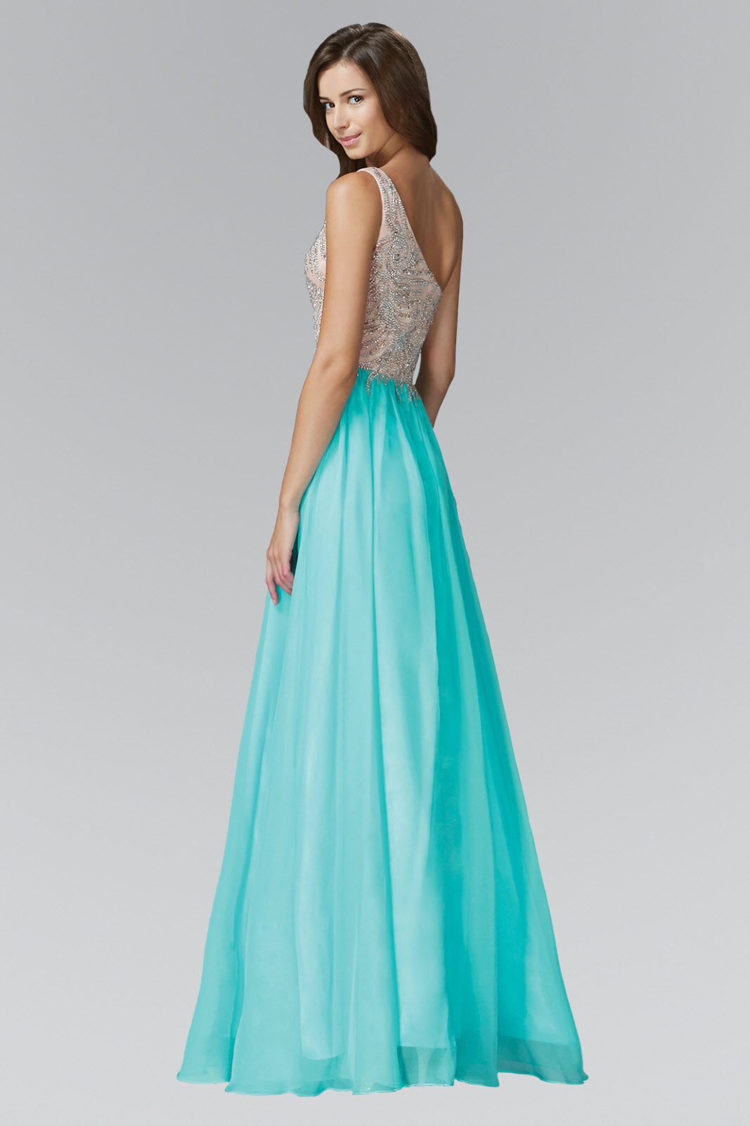 One Shoulder Jewel Embellished Bodice Chiffon Floor Length Dress-4