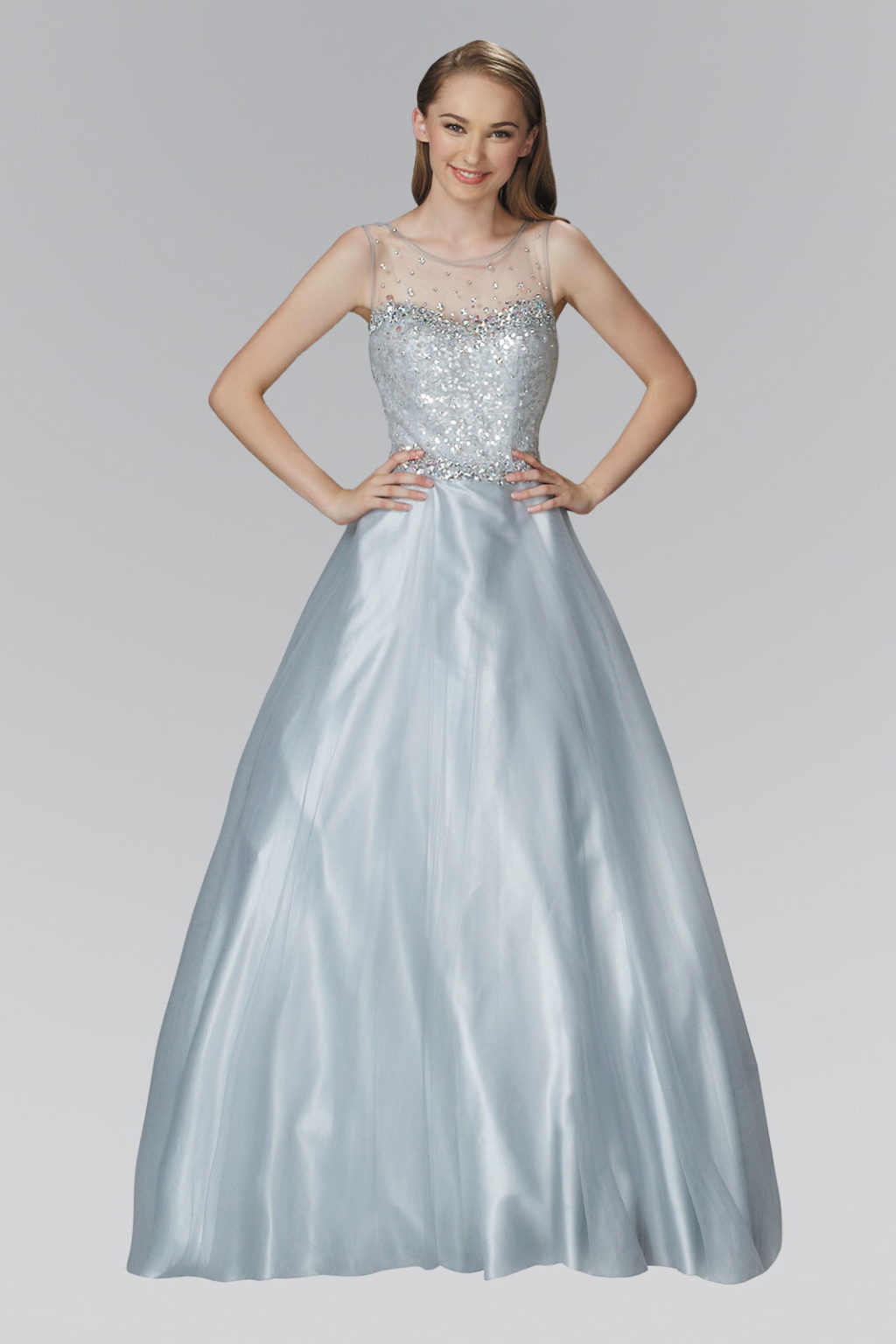 A-Line Long Dress with Sequin Embellished Sheer Bodice and back-1