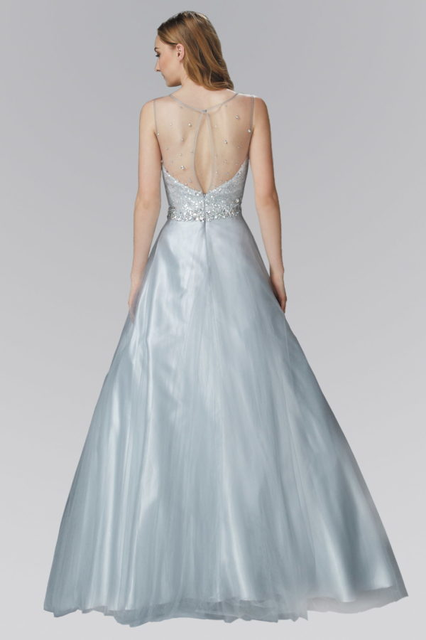 A-Line Long Dress with Sequin Embellished Sheer Bodice and back-2