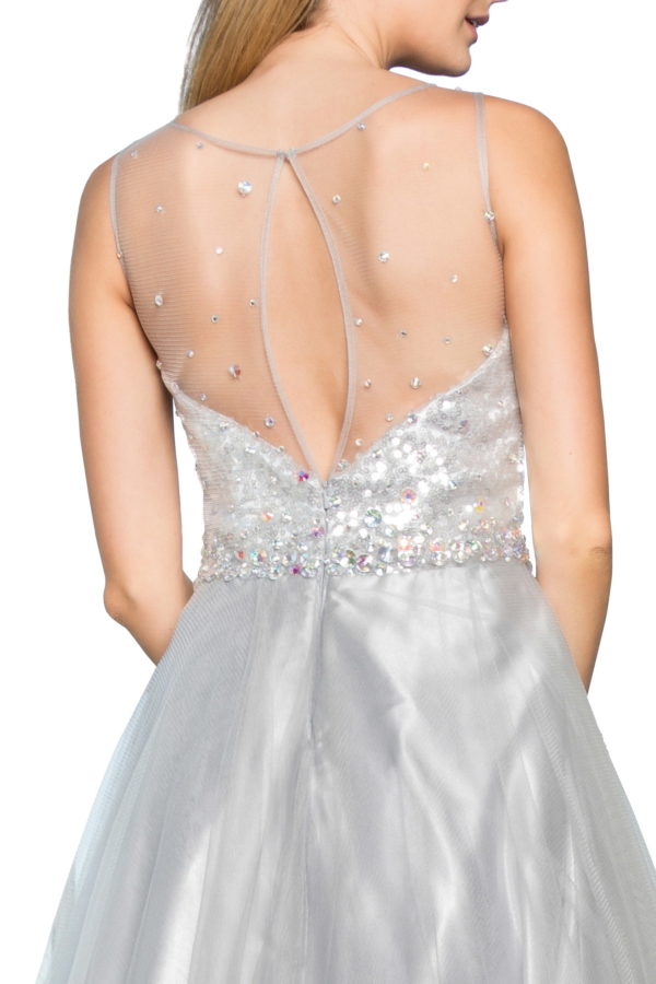 A-Line Long Dress with Sequin Embellished Sheer Bodice and back-4