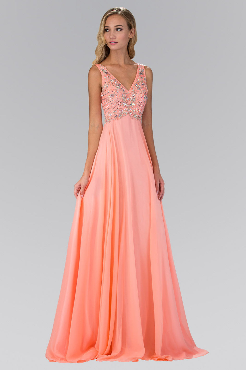 V Neck and Back Chiffon Floor Length Dress with Jewel and Sequin Bodice-0