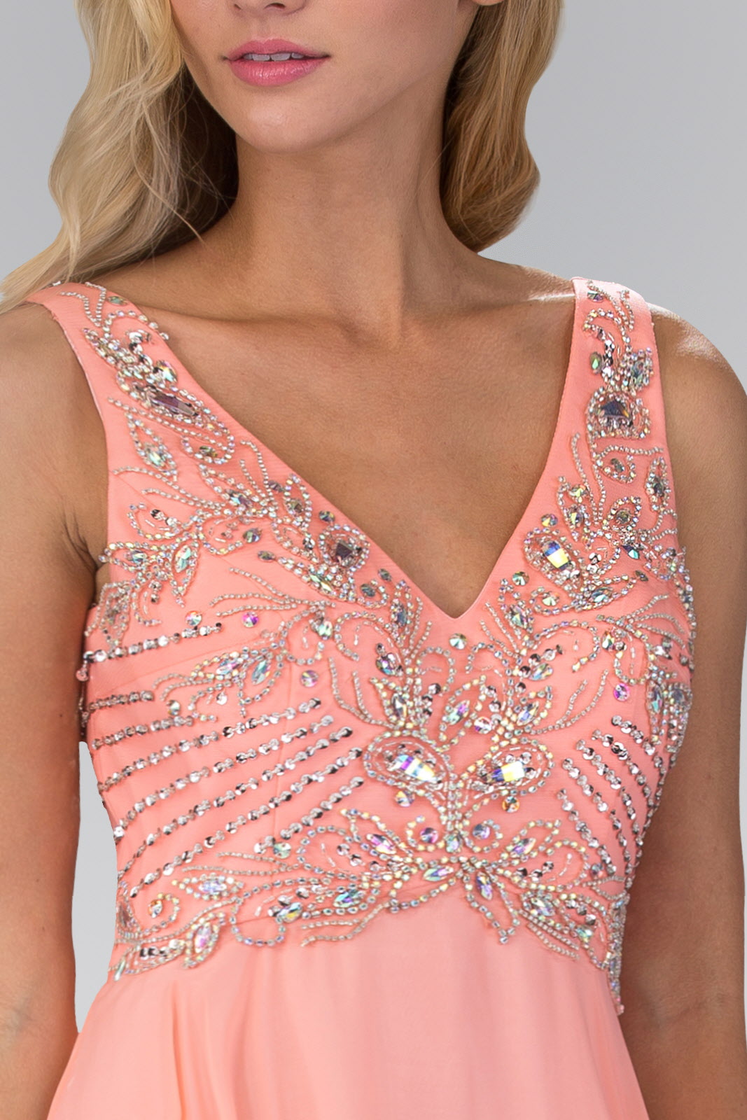 V Neck and Back Chiffon Floor Length Dress with Jewel and Sequin Bodice-2