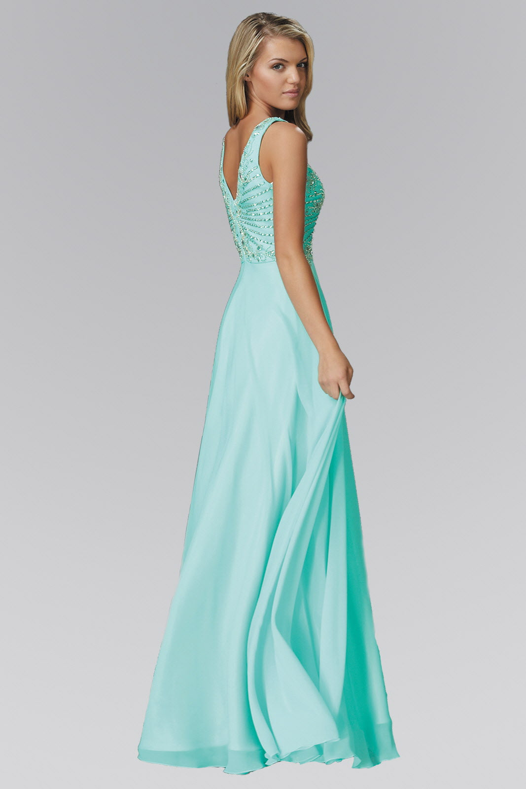 V Neck and Back Chiffon Floor Length Dress with Jewel and Sequin Bodice-0