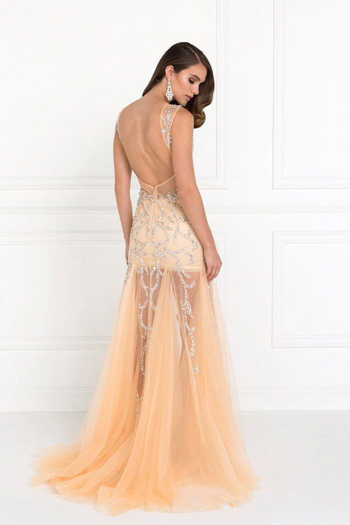 Beaded Floor Length Dress with Sheer Bodice and Open Back-1