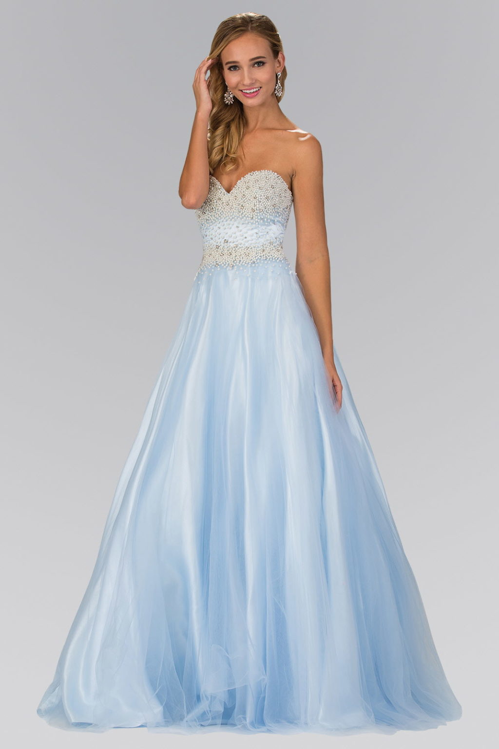 Strapless Sweetheart A-Line Tulle Long Dress with Bead and Pearl Embellished Bodice-1