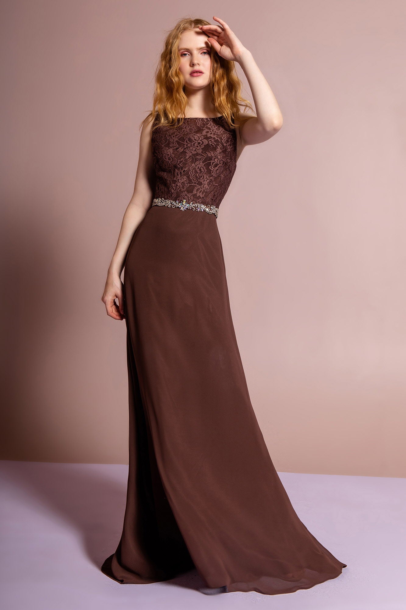 Chiffon Floor Length Dress Accented with Jewel Waistband-4