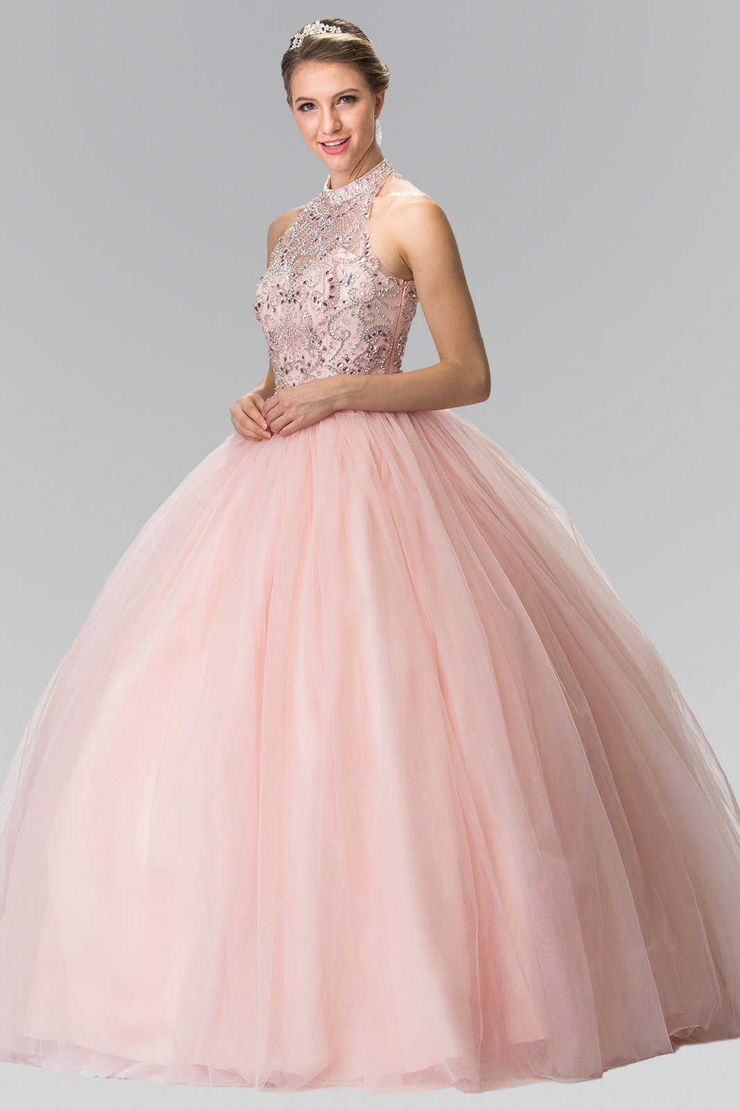 Mesh High Neck Quinceanera Dress with Beaded Bodice and Corset Back-1
