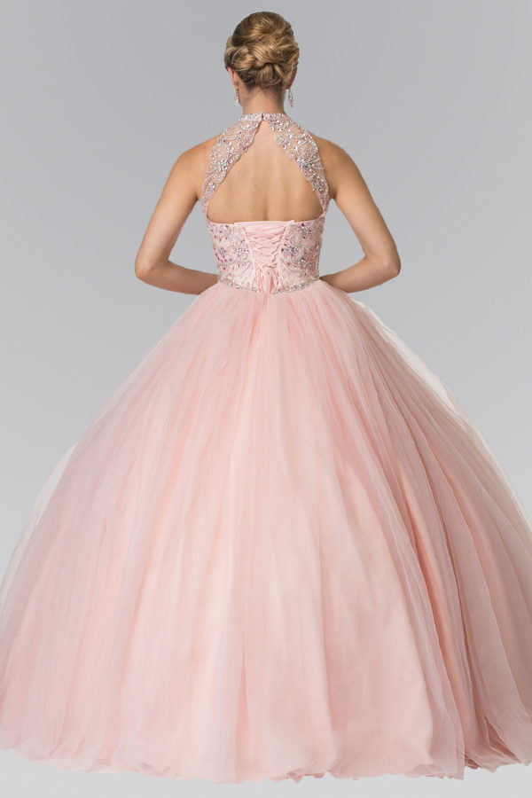 Mesh High Neck Quinceanera Dress with Beaded Bodice and Corset Back-2