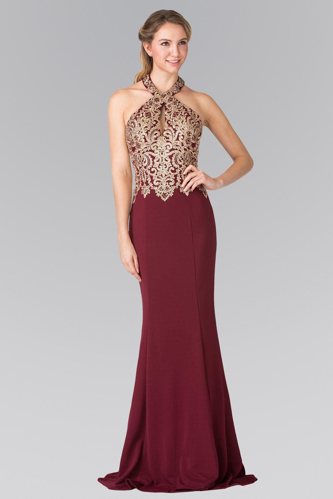 Embroidered Neck Halter Jersey Long Dress with Open Back-5