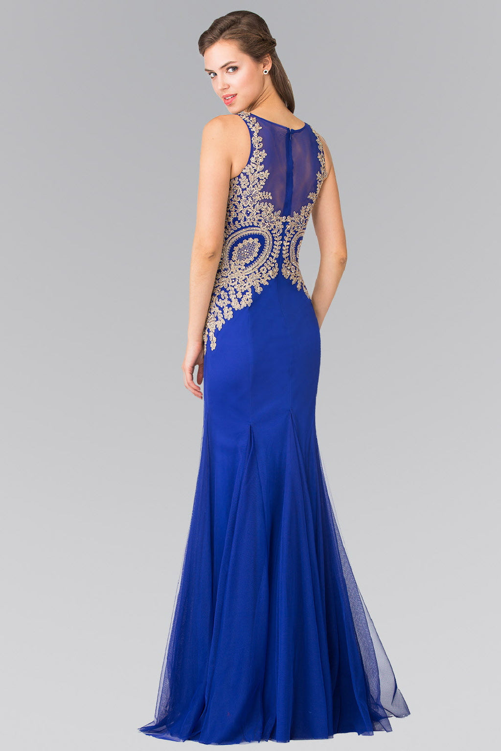 Embroidered Bodice Long Dress with Sheer Back-1